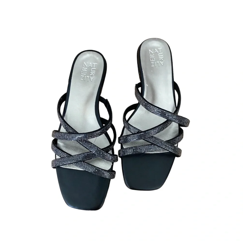 Naturalizer Black Strappy Slide Sandals with Sparkle Detail